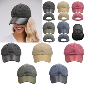 Washed Cotton Baseball Cap With PU Leather Brim Adjustable Metal Buckle Breathable Sun Hat For Men Women Outdoor