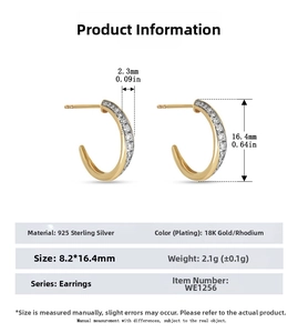 Macro detail of 925 sterling silver C-shaped hoop earrings with dimensions and weight