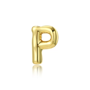 Macro view of 18K gold plated letter P pendant with a polished metallic balloon style