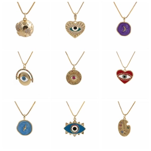 Fashionable copper-plated 14k gold necklaces with heart zircon and evil eye enamel charms