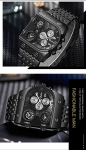 Close-up of Oulm multi-timezone black steel square watch with a three-dimensional dial