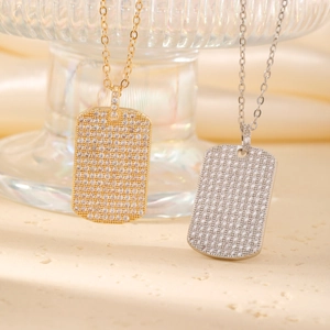 Fashion Rectangular Dog Tag Pendant Necklace For Women Alloy Rhinestone Iced Out Chain Necklace Gold Silver Jewelry
