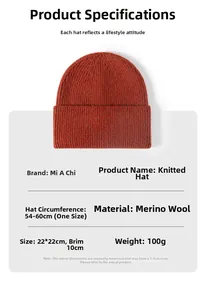 Detail view of orange wool knit beanie with cashmere texture and size specifications