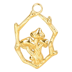 18k gold plated stainless steel mushroom pendant featuring an intricate branch frame