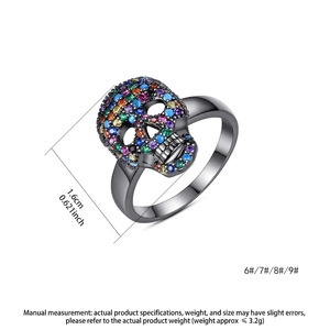 Hip hop skull ring with colorful rainbow crystals in dark grey punk metal finish