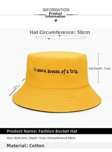 Detailed size guide of yellow cotton bucket hat with black embroidery and dimensions