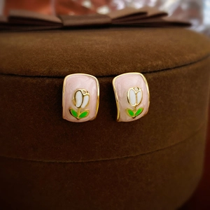 French Vintage Tulip Enamel Flower Square Stud Earrings Alloy With 925 Sterling Silver Earring Post For Women