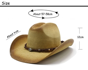 Size chart for woven straw cowboy hat showing 58cm circumference and 9cm wide brim