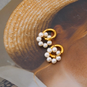 Elegant gold freshwater pearl hoop earrings with a floral cluster design for women