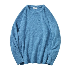 Men's blue crewneck knit sweater in soft chenille fabric with loose-fit long sleeves