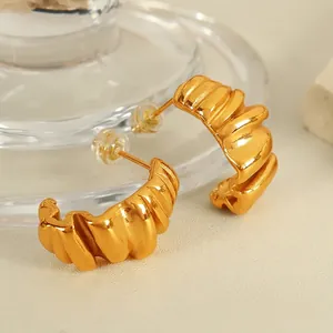 Vintage 18K gold plated stainless steel chunky croissant hoop earrings for women