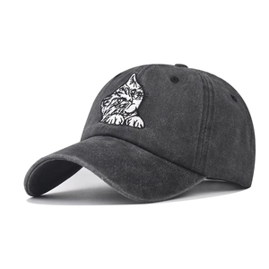 Washed Cotton Baseball Cap Vintage Distressed Adjustable Sun Hat With Cute Cat Dog Embroidery Breathable Casual Outdoor