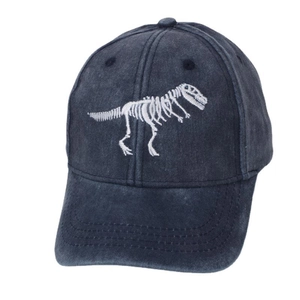 Kids vintage washed navy blue cotton baseball cap with white dinosaur skeleton embroidery