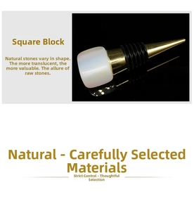 Detailed macro view of cubic natural crystal wine stopper with gold metal and rubber seal