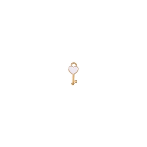 Detailed view of a gold-tone key pendant featuring a white enamel heart head for DIY jewelry