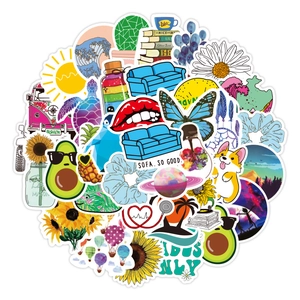 Close-up of VSCO style waterproof vinyl graffiti stickers for luggage and laptops