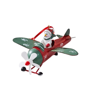 Christmas iron mailbox ornament with snowman pilot in red and green festive airplane decor