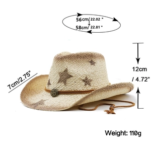 Straw cowboy hat with star print and woven trim in a wide brim beach sun hat design