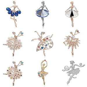 Detailed overview of ballet girl brooches in various poses and crystal finishes