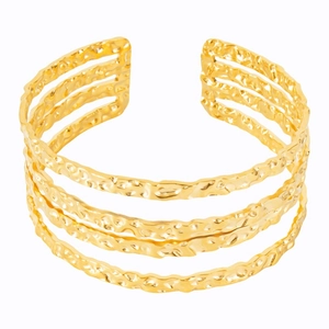 Adjustable 18k gold plated stainless steel open cuff bracelet with hammered texture