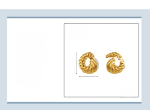 Detail view of 22x21mm 18k gold plated stainless steel spiral horn stud earrings