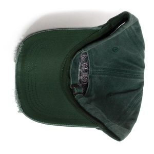 Distressed dark green cotton baseball cap with vintage embroidery and adjustable brass buckle