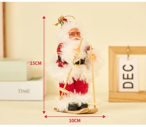 Detail showing plush Santa Claus on a wooden sled with 15cm height dimensions