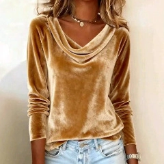 Women's long sleeve velvet top featuring a sexy draped cowl neck in mustard gold
