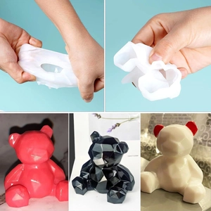 Geometric bear silicone mold with finished 3D resin bear crafts in multiple colors