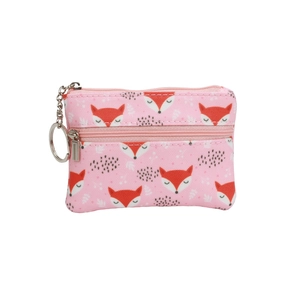Pink cartoon fox print mini coin purse with double zippers and metal keychain ring