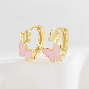 Elegant S925 sterling silver butterfly earrings with pink enamel and gold finish