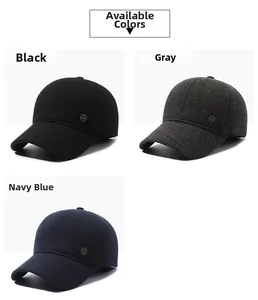 Close-up of black, grey, and navy thermal baseball hats with wool-like texture and metal logo