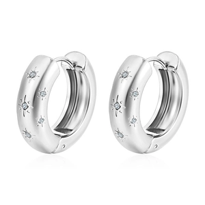 French vintage style silver hoop earrings with diamond star pattern in a sleek design