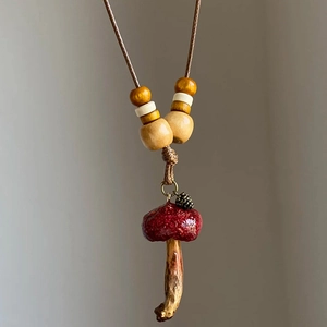 Mushroom Pendant Necklace With Wood Beads And Metal Pinecone Handmade Forest Style Adjustable For Women