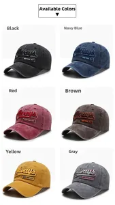 Detailed grid of washed denim baseball caps showing vintage embroidery and six color options