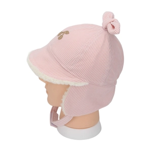 Detailed side view of pink corduroy baby ear protection hat with bow and embroidery