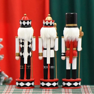 Three-piece set of 30cm wooden nutcracker kings with red and black diamond patterns