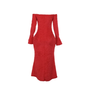 Detail of red off-shoulder maxi dress with plush faux fur texture and slim fit