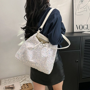 White sequin bucket shoulder bag for women with drawstring closure and stylish strap