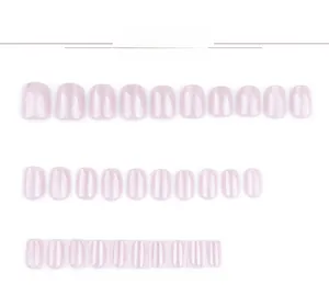 Close-up of 30pcs glittery light pink short square press-on nails on white background