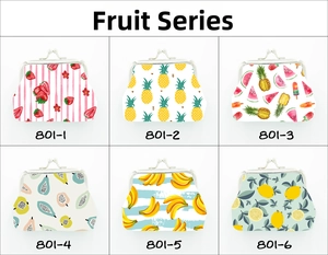 Grid display of fruit pattern coin purses with metal clasps including strawberry and lemon