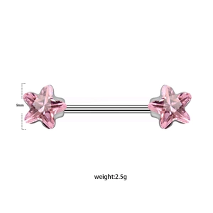 Detailansicht von 9mm Edelstahl-Brustpiercing mit rosa Sternkristallen und 2,5g Gewicht