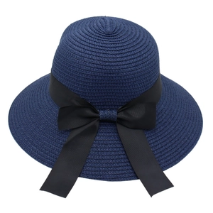 Navy blue wide brim woven straw hat with black satin ribbon bow for women and kids