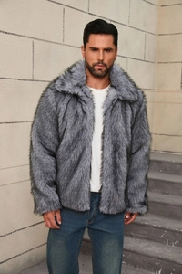 Detailed view of gray faux fur texture on a men's winter jacket with lapel design