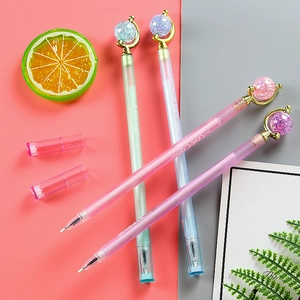 Cute transparent globe pens with glitter tops in pink, blue, and green for students