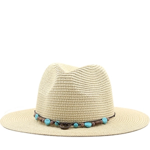 Bohemian Straw Fedora Hat With Turquoise Wood Beads Summer Beach Sun Protection Breathable Travel Jazz Panama For Women