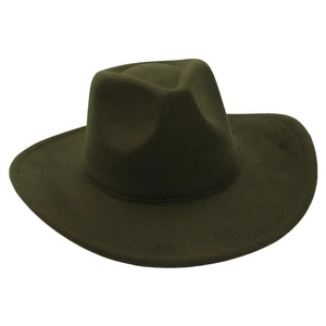 Detailed view of the dark green wide-brimmed felt fedora hat with classic indented crown