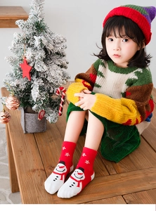 Close-up of red Christmas cotton socks with snowman patterns on a child model