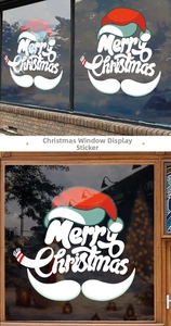 Detail of Merry Christmas window sticker with Santa hat and beard on glass shopfront