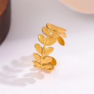 Minimalist 18K gold-plated stainless steel leaf open ring with a brushed metal texture